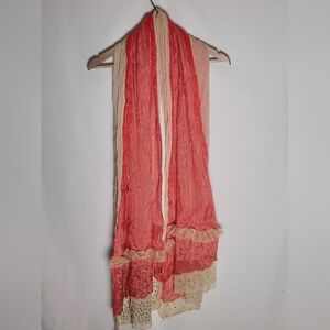 Sheer Shimmery Coral and Cream Scarf With Stud Rhinstone Accents